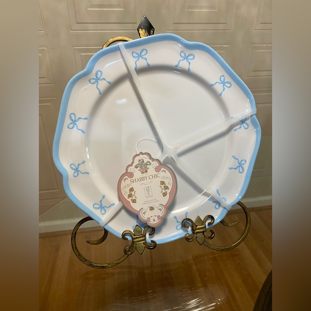 - Set 4 Shabby Chic Coquette BLUE Bows Melamine 11” Dinner Plates Scallope…